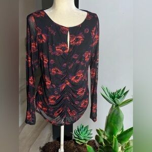 Lane Bryant Black &red  Whimsigoth gothic Fitted Ruched MeshFloral Blouse 14-16
